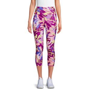 NWT AVIA Performance Capri Leggings Purple & Pink Tropical Print w Pockets S